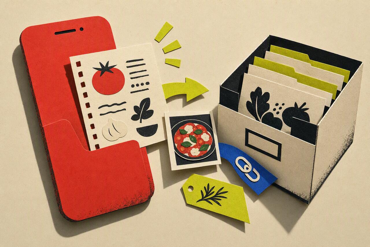 Paper-cut recipe card, food photo, source-link ribbon, and tags moving from a red phone into an archive box